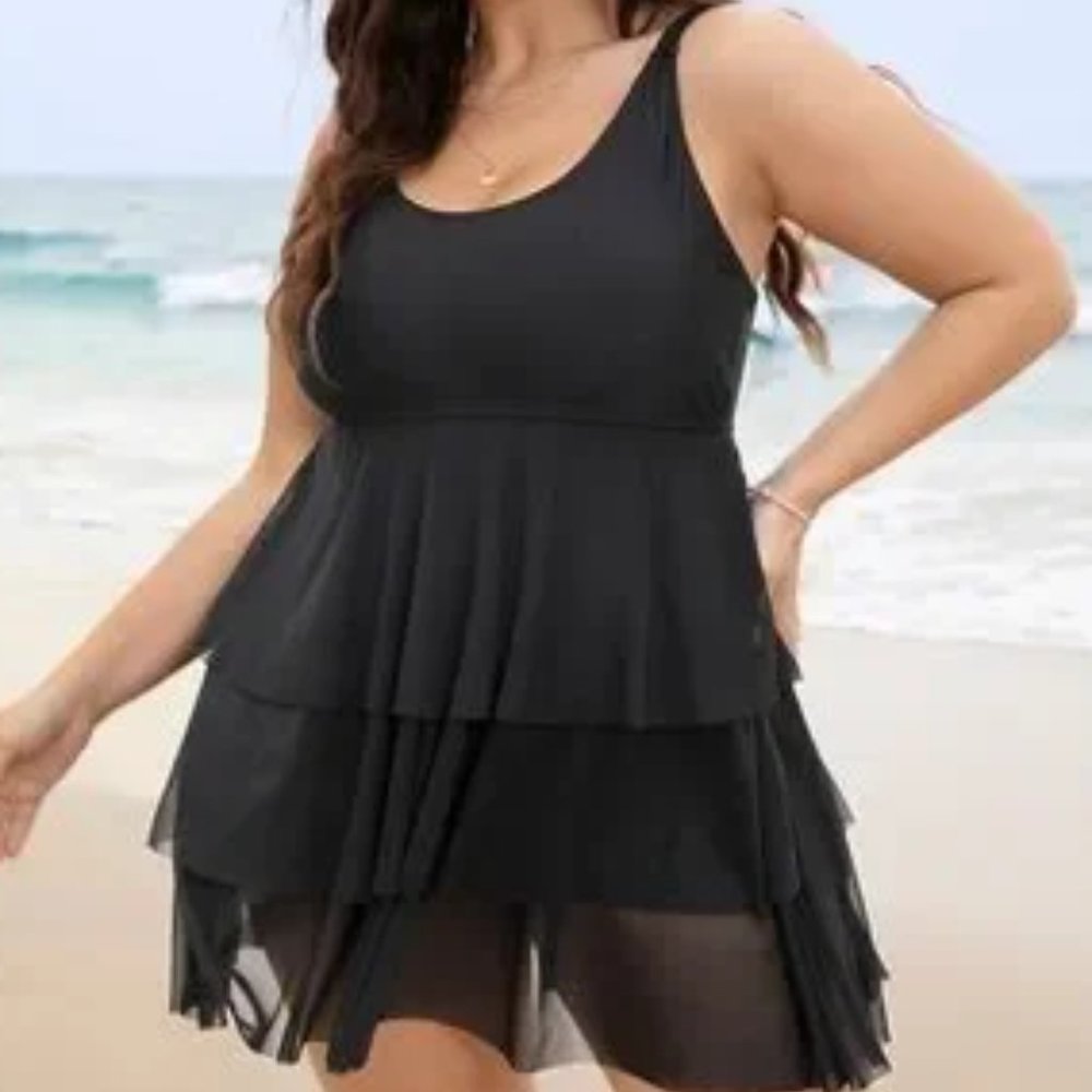 Mesh Ruffle Tiered Sculpt Waist Swim Dress